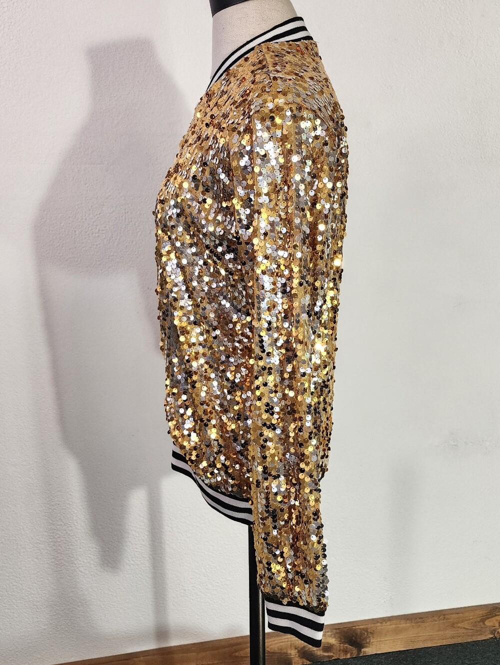 Anna-Kaci Jacket Gold Sequin Bomber Style Sparling Gold Size S - Picture 10 of 17